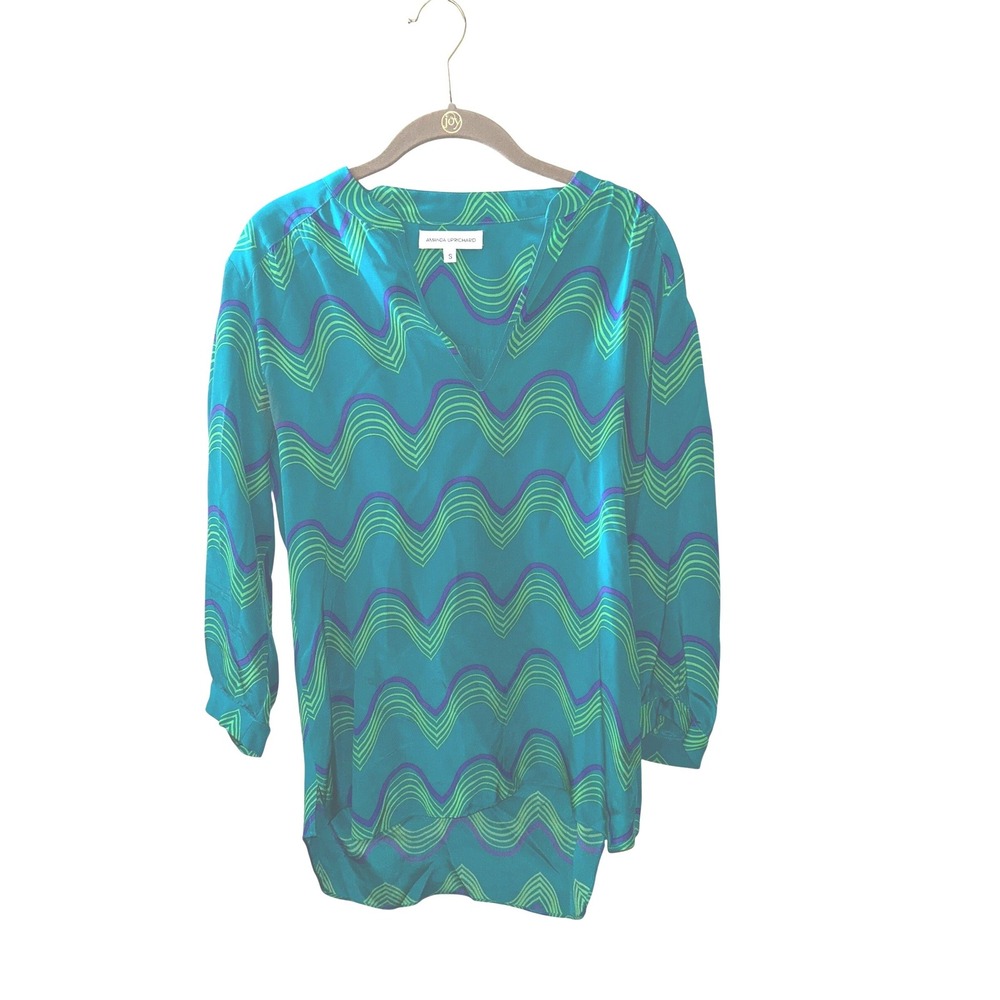 Amanda Uprichard Silk V-Neck Blouse Teal Green Wavy Print Size S Made in USA